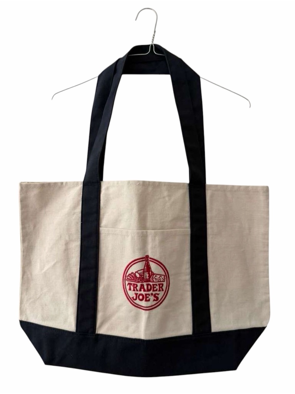 Trader Joe's Canvas Tote Bag in Natural and Navy with Red Logo